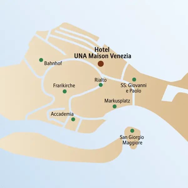 Auf diesem Stadtplan von Venedig ist die Lage der wichtigsten Sehenswürdigkeiten verzeichnet. Nicht weit von der Rialtobrücke liegt das Hotel UNA Maison Venezia - ein idealer Standort für Ihre CityLights-Städtereise nach Venedig.