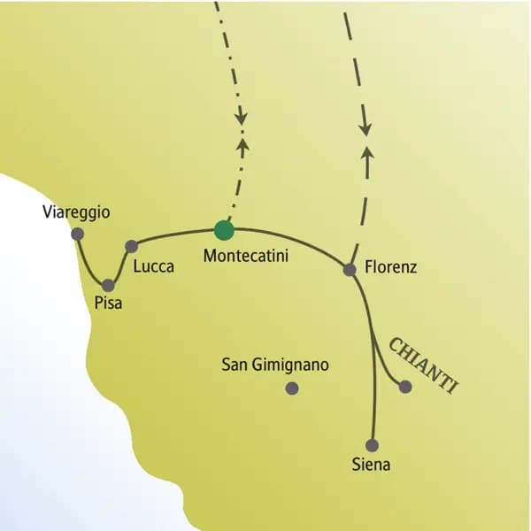 Die Karte der Toskana zeigt die Route der me & more-Reise, bei der wir von Montecatini aus die wichtigsten Höhepunkte der Region besuchen wie Viareggio, Siena oder Pisa.