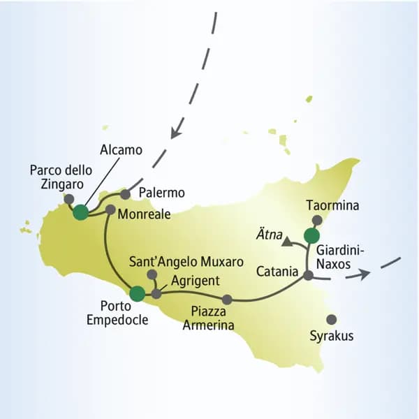 Die Studiosus-me&more-Reise für Singles und Alleinreisende nach Sizilien beginnt in Palermo und führt über Alcamo, Monreale, Porto Empedocle bis nach Catania.