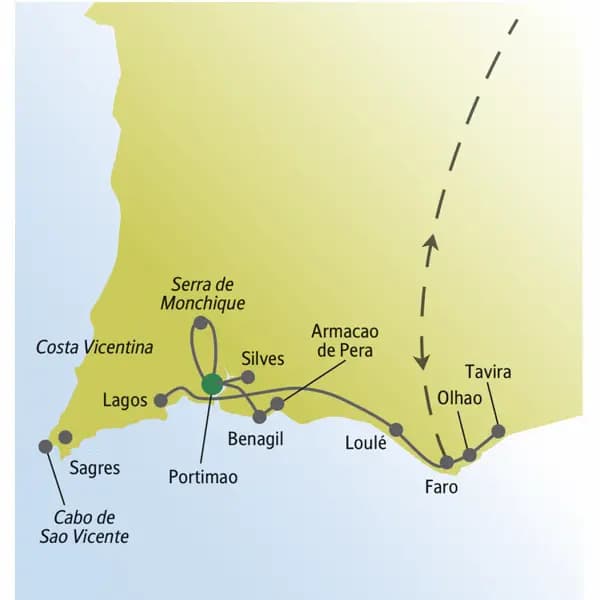 Die Karte zeigt den Verlauf unserer Algarvereise für Singles und Alleinreisende: Faro, Loule, Portimao, Lagos, Silves.