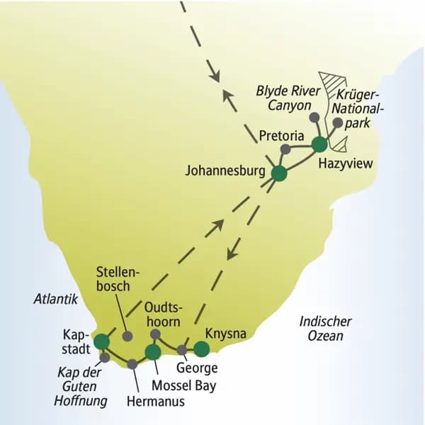 Die Stationen unserer Südafrikareise für Singles und Alleinreisende sind Hazyview, Sandton, Knysna, Mossel Bay und Kapstadt. Wir erleben die Straußenfarm in Oudtshoorn, Franschoek und Stellenbosch und das Kap der Guten Hoffnung.
