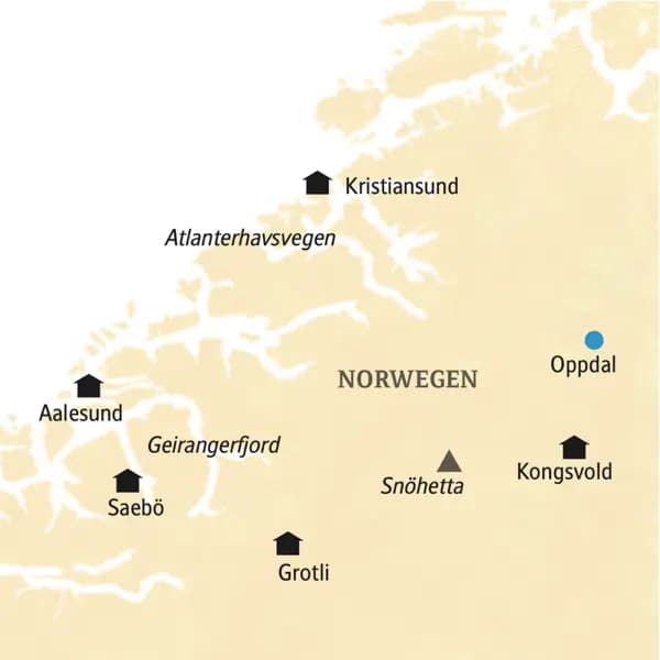 Auf dieser smart&small-Rundreise in kleiner Gruppe erleben Sie Norwegen zwischen Fjell und Fjord. Stationen der Reise sind u.a. Aalesund, Saebö, Grotli, Kongsvold.
