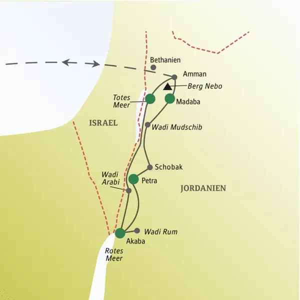 Unsere Reise für Singles und Alleinreisende durch Jordanien führt von Amman über Madaba, Petra, das Wadi Ram bis ans Rote und Tote Meer und zurück in die Hauptstadt.