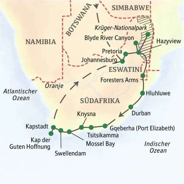 Unsere Reiseroute durch Südafrika startet in Johannesburg und führt über den Krüger-Nationalpark, Pretoria, Hazyview, Durban und Mossel Bay bis nach Kapstadt.