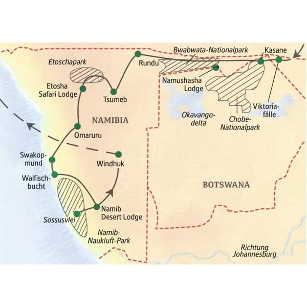 Sie Studienreise durch Namibia führt von den Viktoriafällen über den Chobe-Nationalpark, Tsumeb, Swkopmund und das Sossusvlei, den Caprivistreifen bis nach Windhuk.