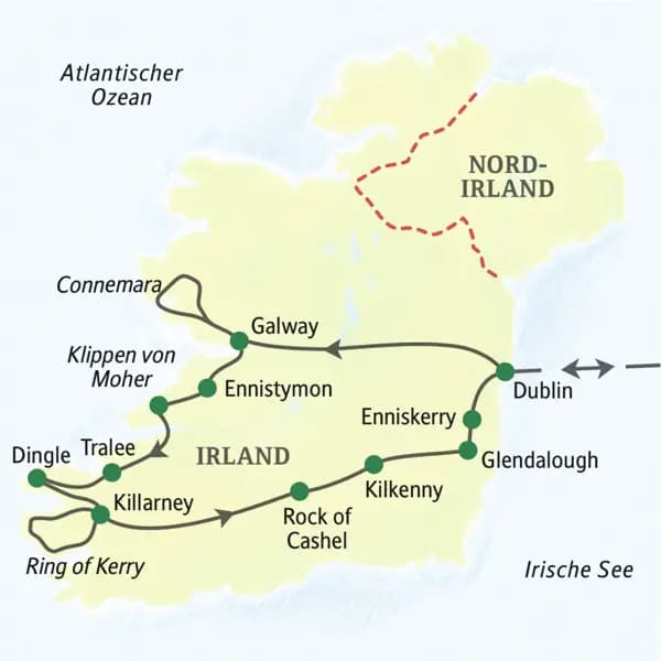 Die Karte zeigt den Verlauf unserer Studienreise Irland - Höhepunkte: Dublin, Boynetal, Galway, Connemara, Ennistymon, Tralee, Dingle, Killarney, Rock of Cashel, Kilkenny, Glendalough, Enniskerry.