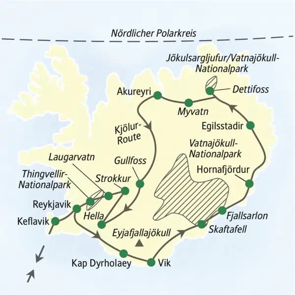 Wir starten zu unserer Rundfahrt auf der Ringstraße in Island und durchqueren das Hochland auf Kjölur-Route mit u.a. Akureyri, Myvatn und Vik.