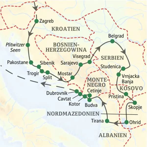 Die Reiseroute durch den Balkan führt über Kroatien, Bosnien-Herzegowina, Serbien, Nordmazedonien, Montenegro und Albanien, dazu ein Abstecher in den Kosovo.
