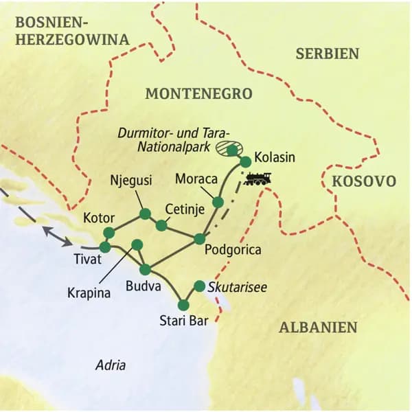 Unsere Reiseroute durch Montenegro startet in Tivat und führt über Kotor und Kolasin. Auch die Königsstadt Cetinje und Budva sowie Stari Bar an der Küste erleben wir auf der Studienreise Montenegro - im Land der schwarzen Berge.