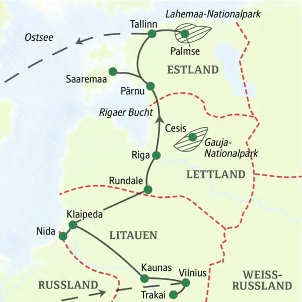Auf unserer  Studienreise Baltikum - mit Muße lernen Sie geruhsam in 14 Tagen die drei baltischen Staaten Litauen, Lettland und Estland kennen. Natur- und Kulturerlebnisse sowie Begegnungen mit Land und Leuten werden Sie begeistern. Mit Kurischer Nehrung (UNESCO-Welterbe) und der Insel Saaremaa.