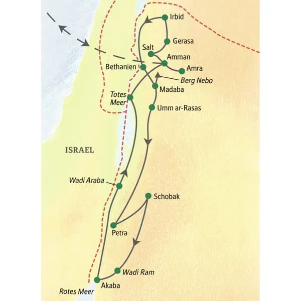 Unsere Reiseroute nach Jordanien beginnt in Amman und führt über Irbid, Um ar-Rasas, Petra und das Tote meer zurück nach Amman.