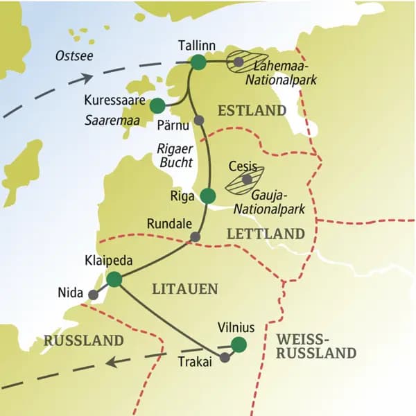 Unsere Reise für Singles und Alleinreisende durch das Baltikum startet in Estland und führt über Lettland nach Litauen mit den Stationen u.a. in den Hauptstädten Tallinn, Riga und Vilnius.